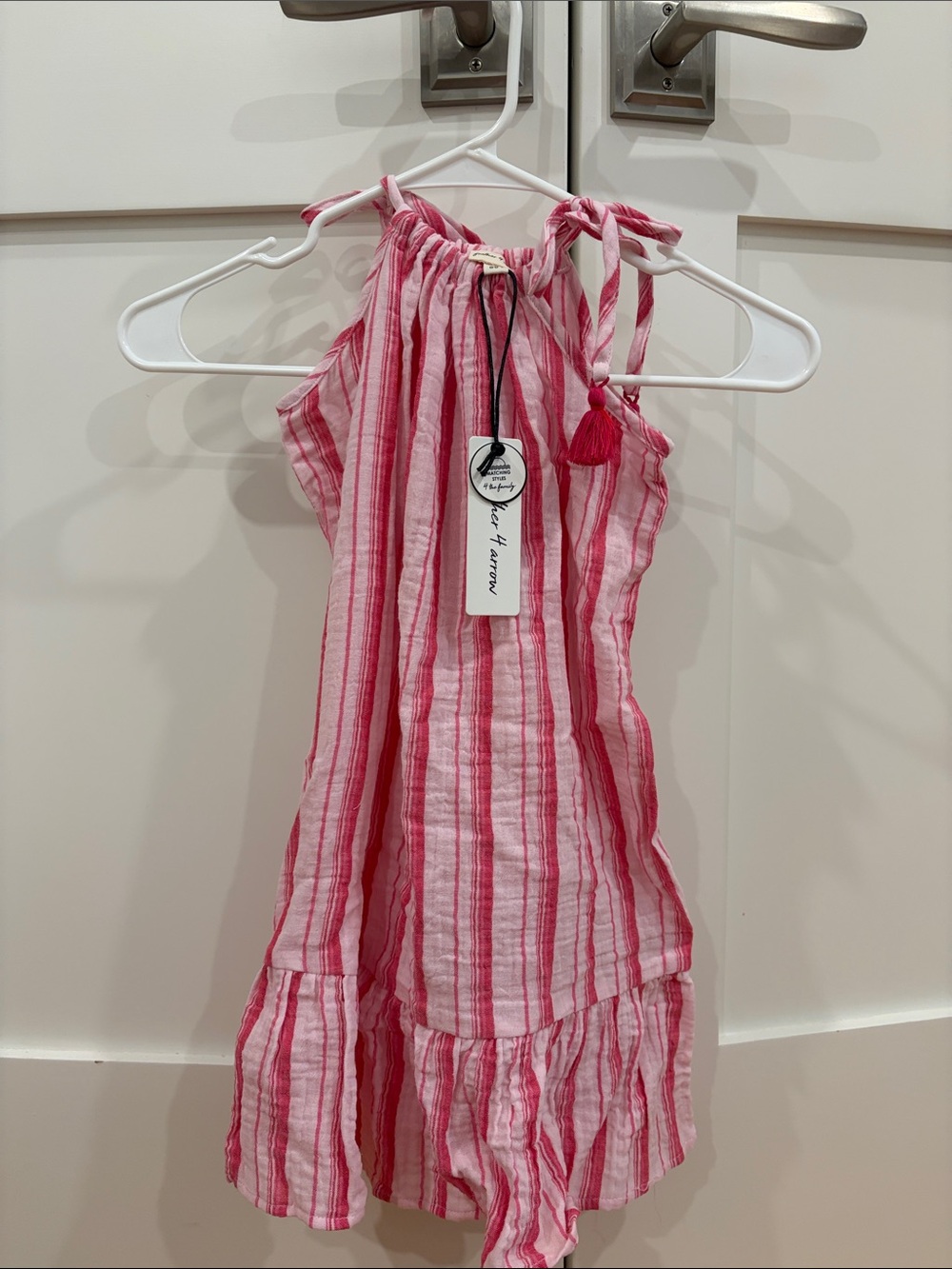 Girls Pink Striped Halter Dress with Tassel Tie